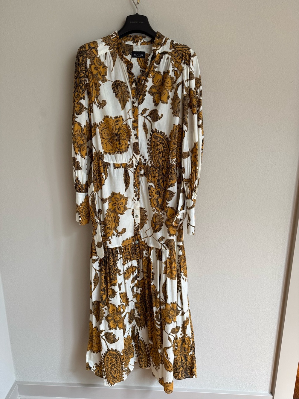 Lene Sand Boho Floral Button-Front Maxi Dress in Mustard and White